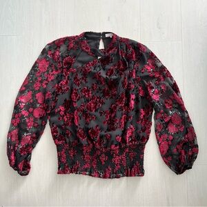PARKER Gavin Shirred velvet floral blouse Sz L puffed sleeves top $278